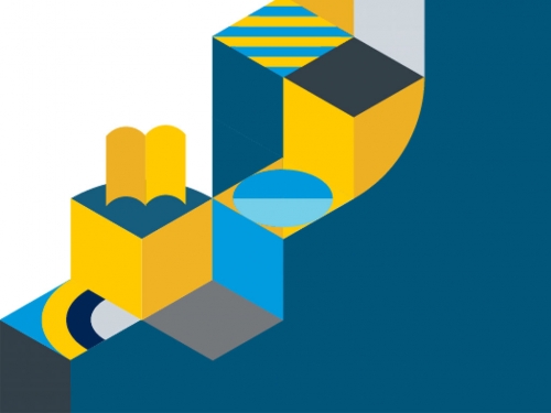 Graphic: Isometric blue, yellow, and grey steps.