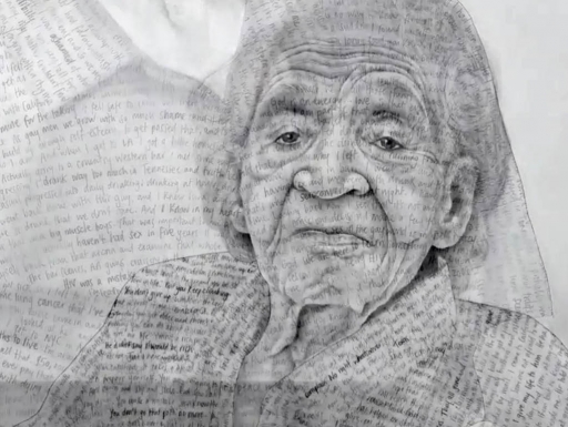 Image: A portrait made from handwriting. Text: Grades 8–12Create a portrait that combines drawing and words.