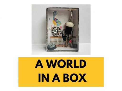 Photograph: A box assemblage made of various items in the style of Joseph Cornell. Text: Grades 6–8