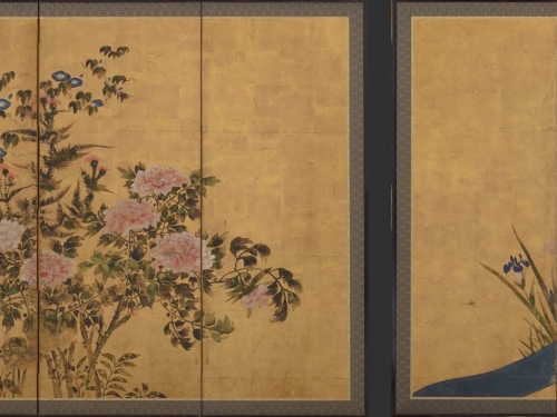A screen panel with flower illustrations over gold on paper.