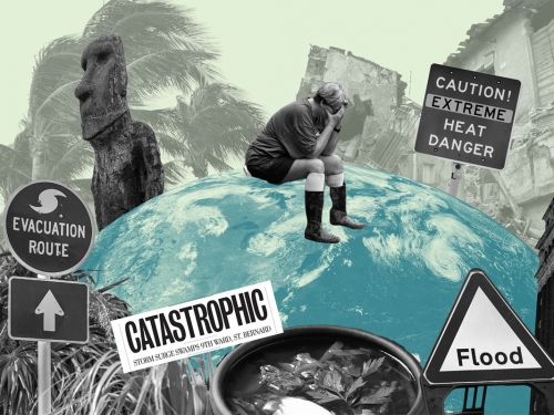 A collage of images representing climate change and cultural heritage surrounding the Earth.