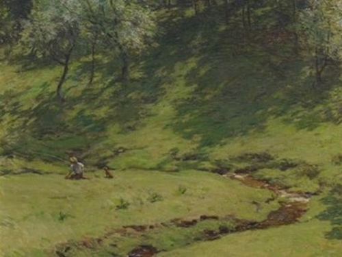 Painting of green landscape in daylight with man in hat crouched in the distance. 