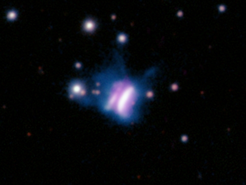 Image of outerspace, completely black with fuzzy dots and shapes of bright, light purple color.