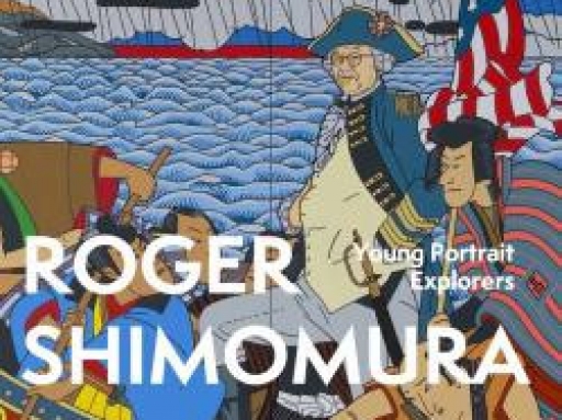 A graphic print featuring a cartoonish self-portrait of Roger Shimomura as George Washington crossing the Delaware.