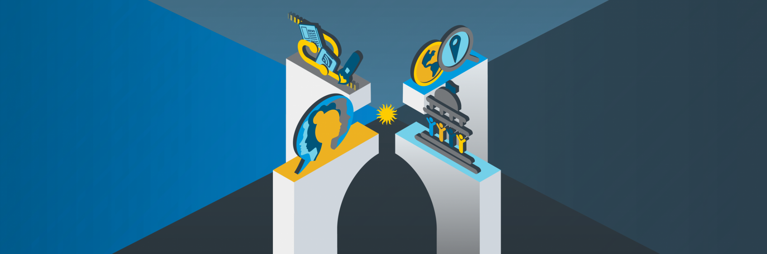 Four isometric columns each with a blue, yellow, and grey icon representing conference session tracks.
