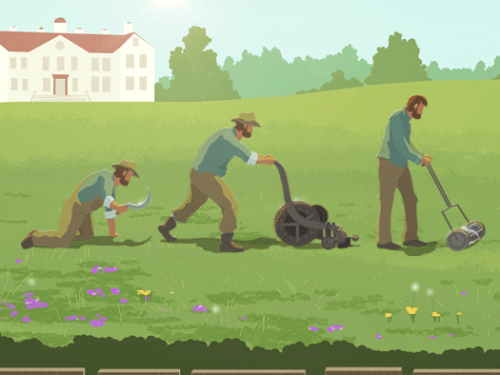 Illustration of a man caring for a green lawn in a variety of ways.