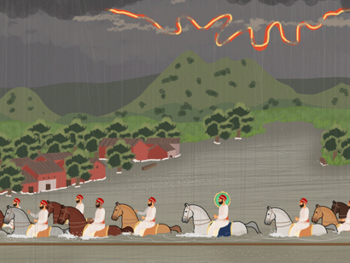 Illustration of men riding horses in the water in a monsoon.