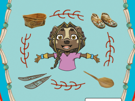Illustration of a wolverine cartoon character with illustrated Athabascan cultural artifacts.